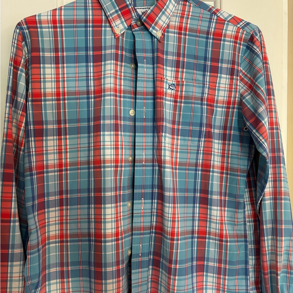 Men's Blue and Red Plaid Shirt